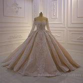 Gorgeous Long Sleeve Off the Shoulder Appliques Lace Ball Gown Wedding Dresses